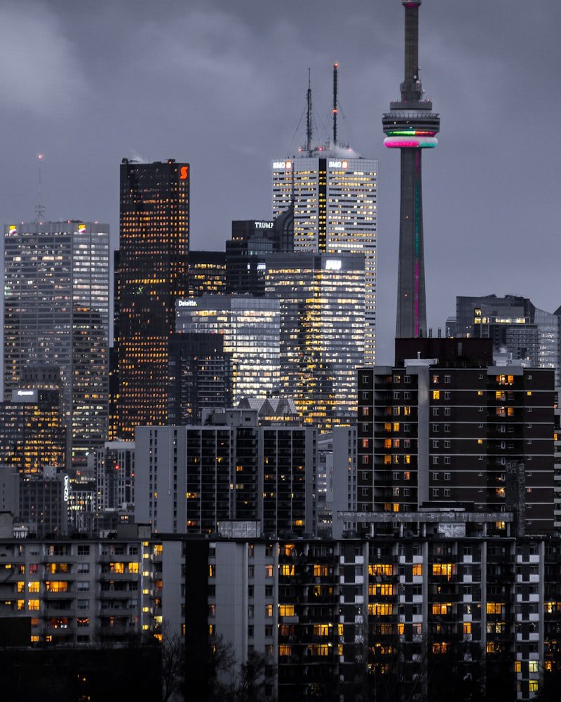 Toronto downtown skyline at dusk with CN Tower and Financial District towers — bookkeeping services for businesses across the GTA